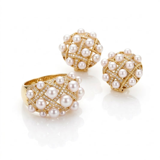 18K Gold & Natural Diamond - Akoya Pearl Ring & Earring Set | AAAA Grade