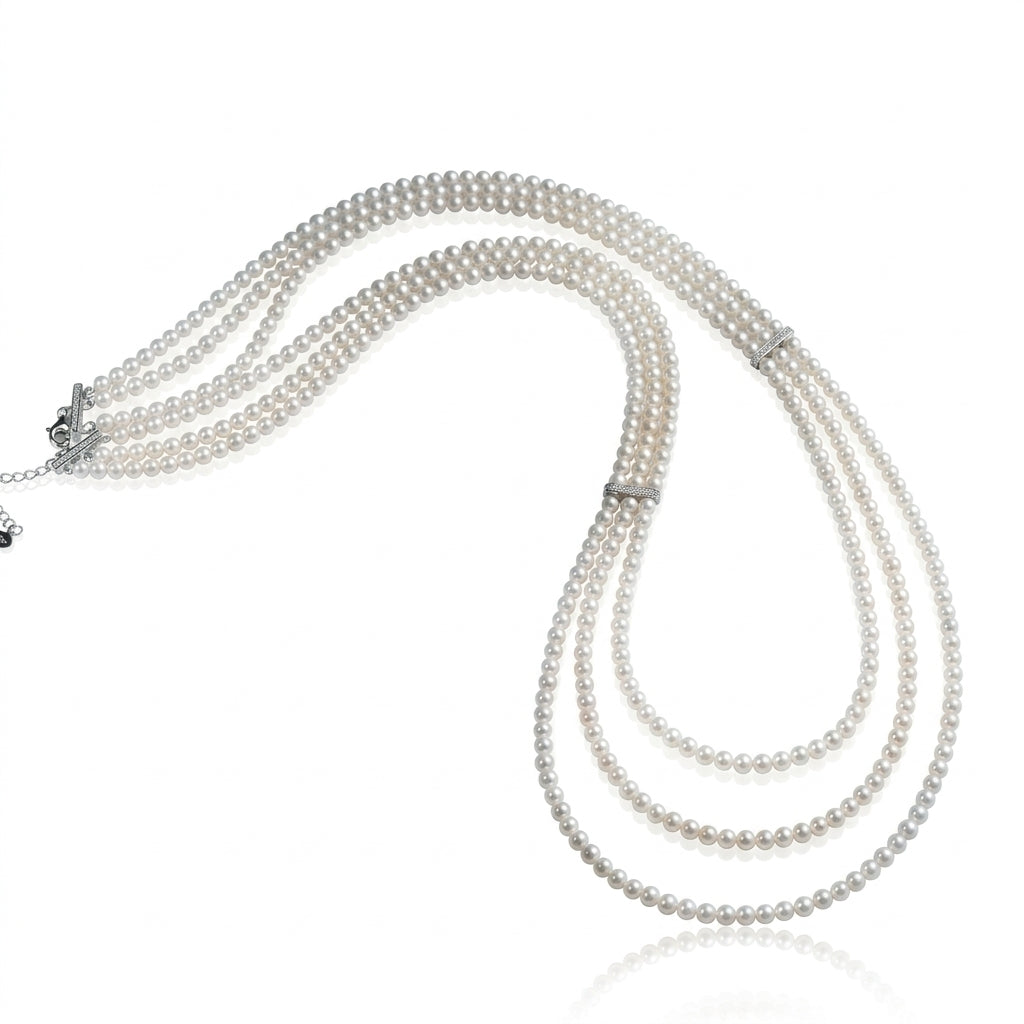 S925 Silver & Zircon - Freshwater Pearl Layered Sweater Necklace | 3–4mm