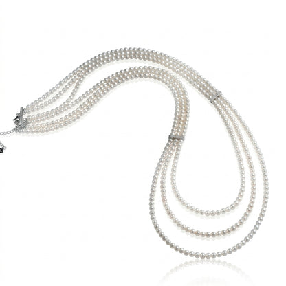 S925 Silver & Zircon - Freshwater Pearl Layered Sweater Necklace | 3–4mm