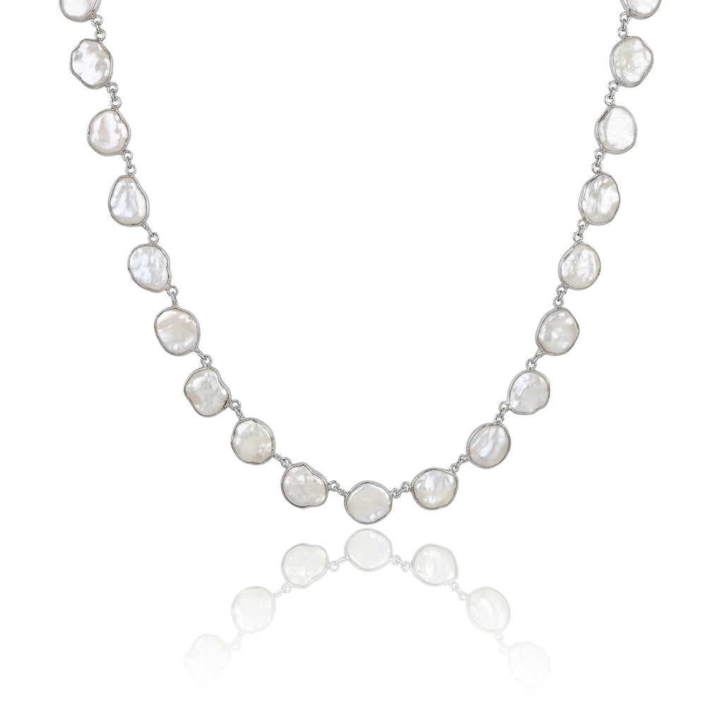 S925 Silver - White Freshwater Keshi Pearl Necklace | 12–13mm AAA Grade