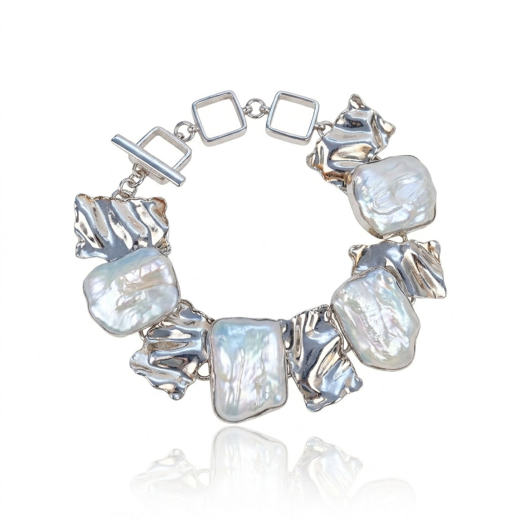 S925 Silver - White Freshwater Keshi Pearl Bracelet | AAA Grade