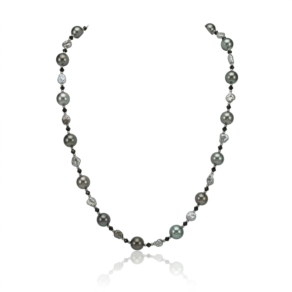 S925 Silver - Grey Tahitian Keshi Pearl Necklace | 3–4mm & 9–9.5mm AAA Grade | 43cm
