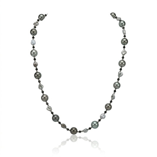 S925 Silver - Grey Tahitian Keshi Pearl Necklace | 3–4mm & 9–9.5mm AAA Grade | 43cm
