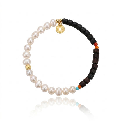 S925 Silver & Sandalwood - Freshwater Pearl Bracelet | 5–6mm AAA Grade