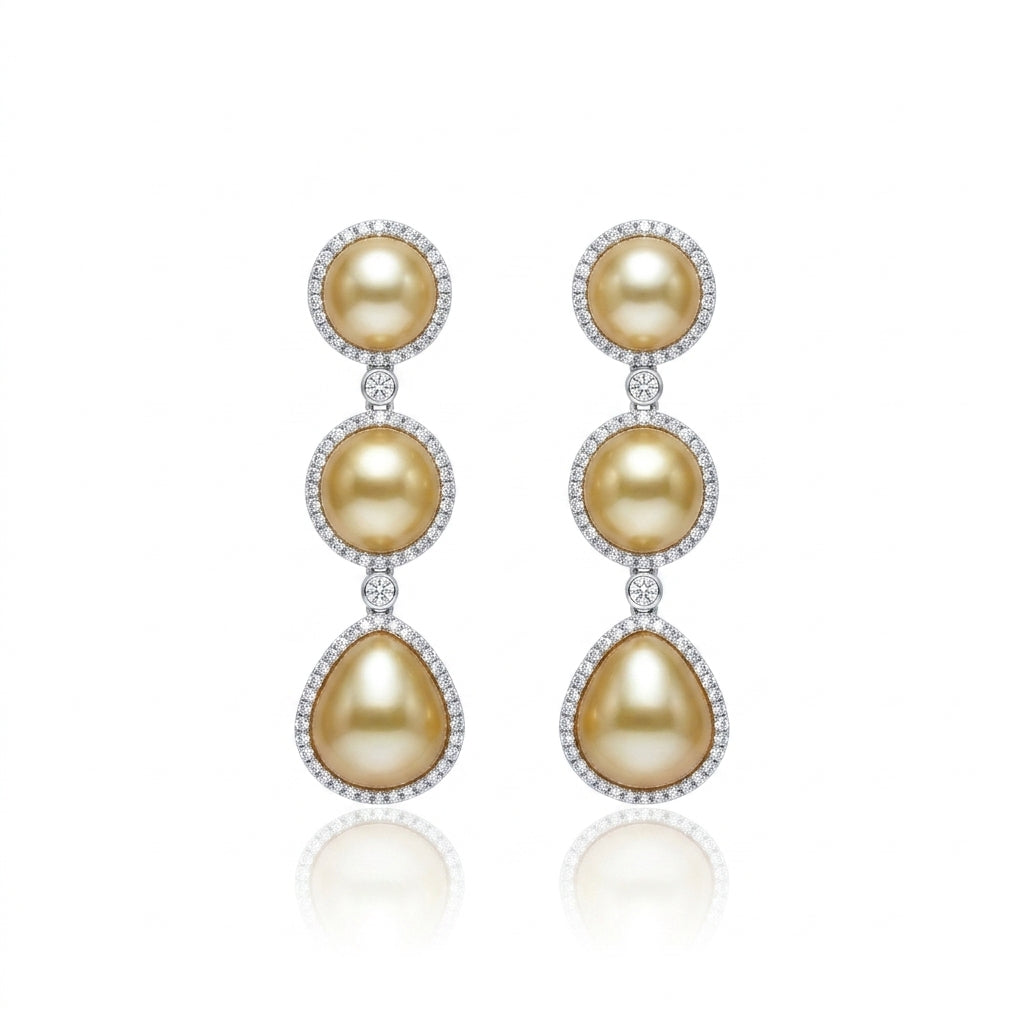 18K Gold & Natural Diamond - South Sea Golden Keshi Pearl Earrings | 8–10mm AAAA Grade