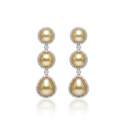 18K Gold & Natural Diamond - South Sea Golden Keshi Pearl Earrings | 8–10mm AAAA Grade