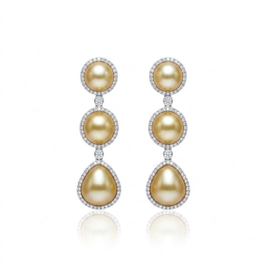 18K Gold & Natural Diamond - South Sea Golden Keshi Pearl Earrings | 8–10mm AAAA Grade