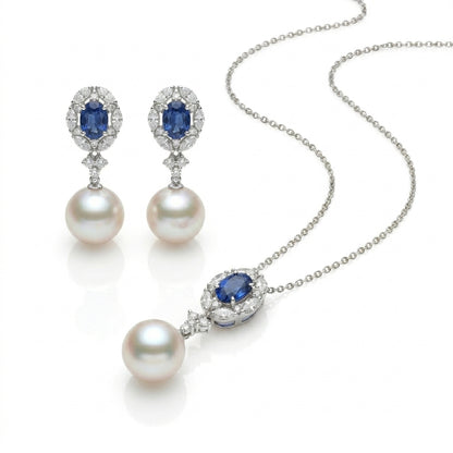 Platinum & Sapphire - White Edison Pearl Earring & Pendant Set | 11–12mm AAAA Grade