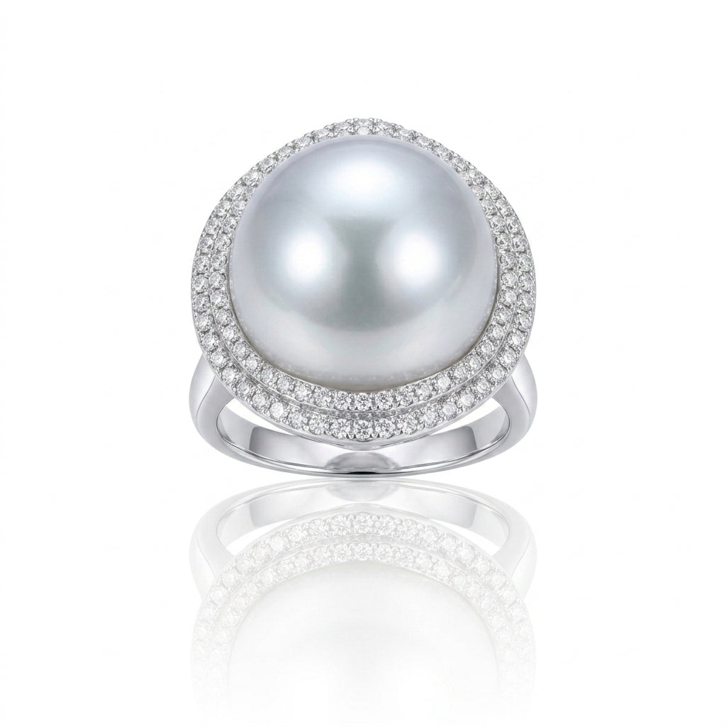 18K White Gold & Natural Diamond - South Sea Baroque Pearl Ring | 14.9 × 14.4mm AAA Grade