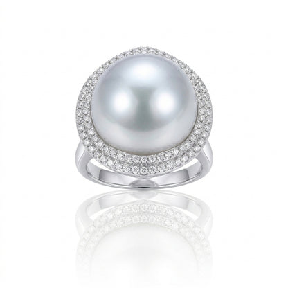 18K White Gold & Natural Diamond - South Sea Baroque Pearl Ring | 14.9 × 14.4mm AAA Grade