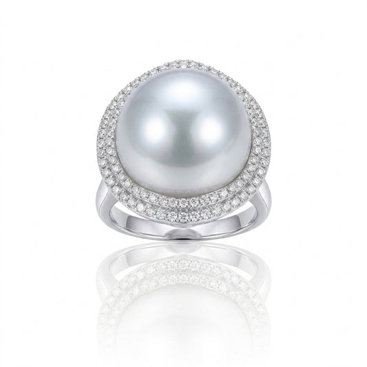 18K White Gold & Natural Diamond - South Sea Baroque Pearl Ring | 14.9 × 14.4mm AAA Grade