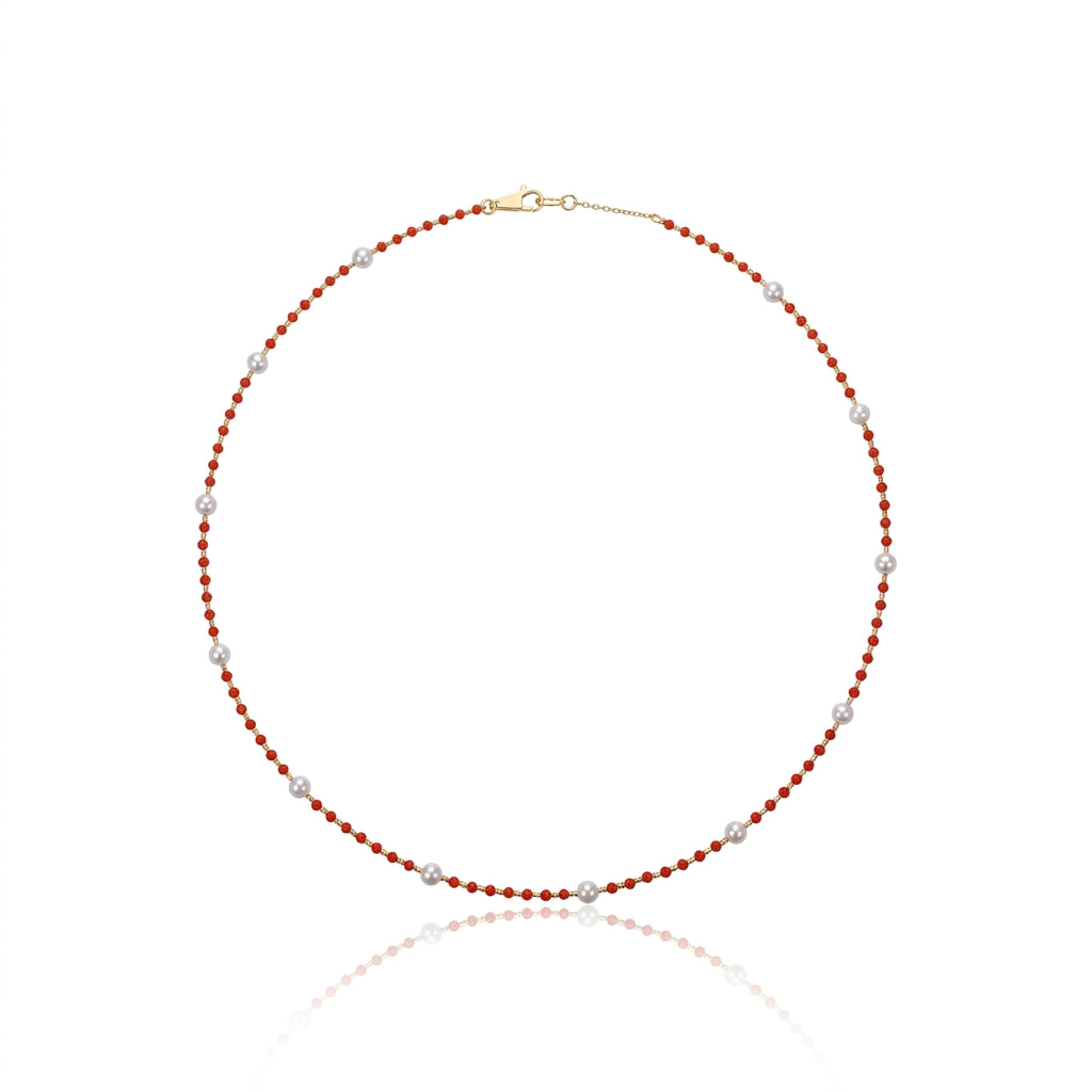 S925 Silver & South Red Agate - White Freshwater Pearl Necklace | 3–4mm AAA Grade
