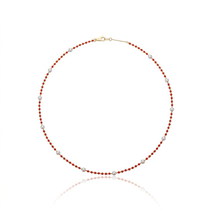 S925 Silver & South Red Agate - White Freshwater Pearl Necklace | 3–4mm AAA Grade