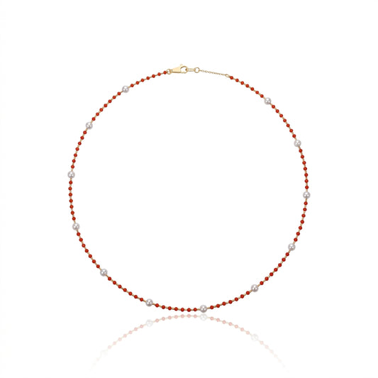 S925 Silver & South Red Agate - White Freshwater Pearl Necklace | 3–4mm AAA Grade