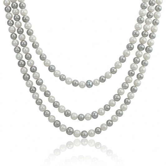 S925 Silver - White & Grey Freshwater Pearl Necklace | 6–7mm AAA Grade