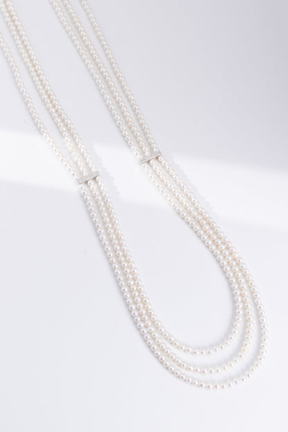 S925 Silver & Zircon - Freshwater Pearl Layered Sweater Necklace | 3–4mm