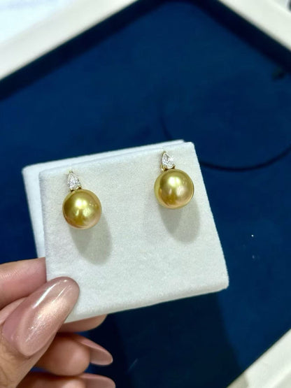18K Gold & Lab-Grown Diamond - South Sea Golden Pearl Drop Earrings | 10–12mm AAAA Grade