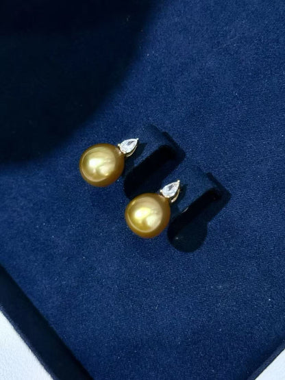 18K Gold & Lab-Grown Diamond - South Sea Golden Pearl Drop Earrings | 10–12mm AAAA Grade