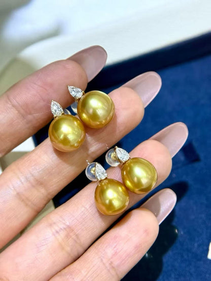 18K Gold & Lab-Grown Diamond - South Sea Golden Pearl Drop Earrings | 10–12mm AAAA Grade