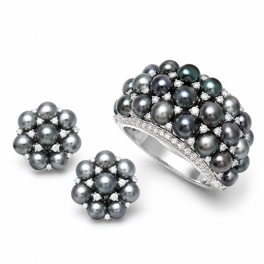 18K White Gold Tahitian Keshi Pearl Diamond Jewelry Set