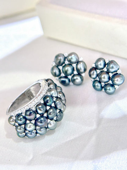 18K White Gold Tahitian Keshi Pearl Diamond Jewelry Set