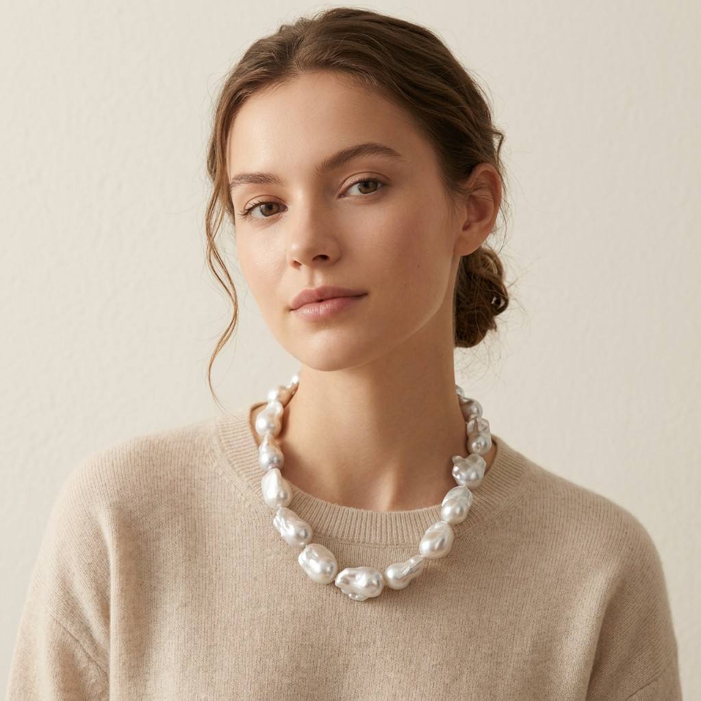 S925 Silver - White Baroque Freshwater Pearl Necklace | 13–16mm AAA Grade