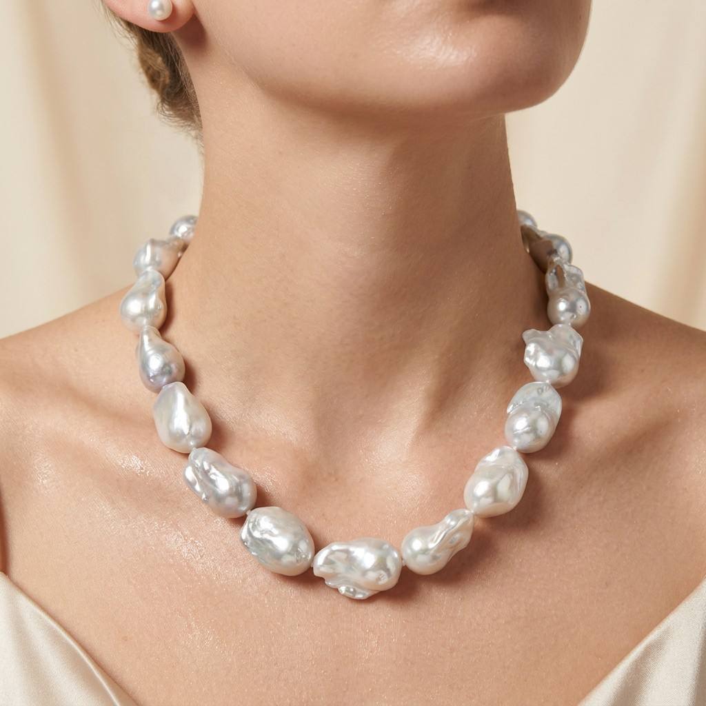 S925 Silver - White Baroque Freshwater Pearl Necklace | 13–16mm AAA Grade