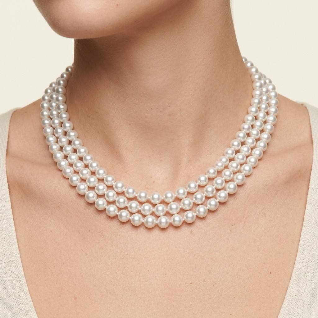 S925 Silver White Freshwater Triple Strand Pearl Necklace | 6.5–7mm AAA Grade