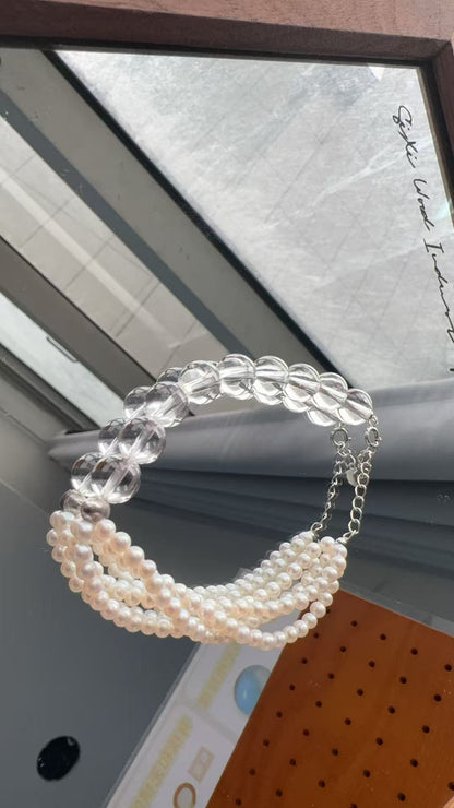S925 Silver & White Crystal - Freshwater Pearl Bracelet | 3–4mm AAAA Grade
