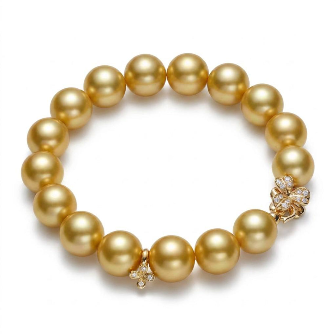 18K Gold - South Sea Golden Pearl Clover Diamond Bracelet
