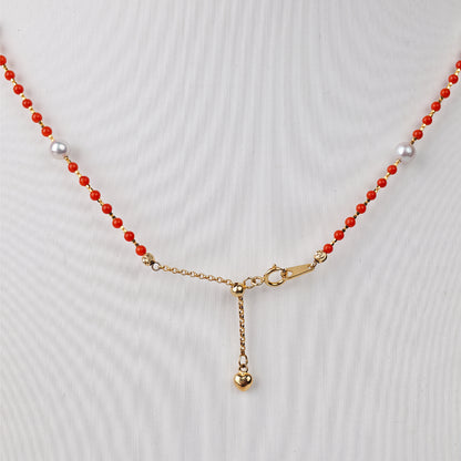 S925 Silver & South Red Agate - White Freshwater Pearl Necklace | 3–4mm AAA Grade
