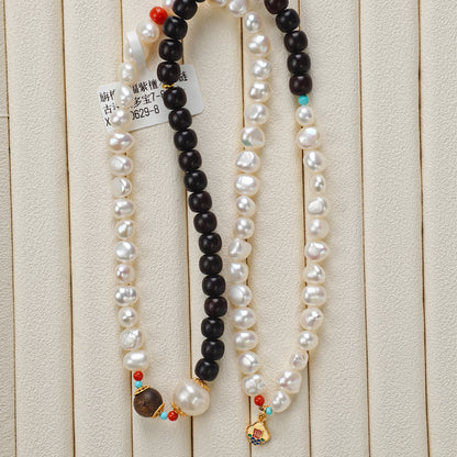 Ancient-Style Silver & Natural Materials - White Freshwater Pearl Necklace | 7–8mm AAA Grade