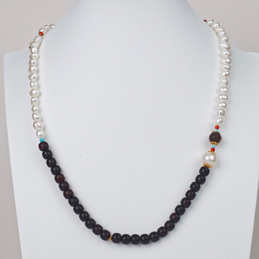 Ancient-Style Silver & Natural Materials - White Freshwater Pearl Necklace | 7–8mm AAA Grade
