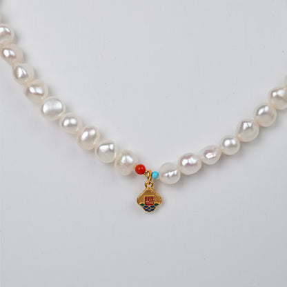 Ancient-Style Silver & Natural Materials - White Freshwater Pearl Necklace | 7–8mm AAA Grade