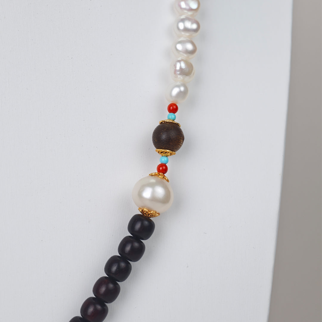 Ancient-Style Silver & Natural Materials - White Freshwater Pearl Necklace | 7–8mm AAA Grade