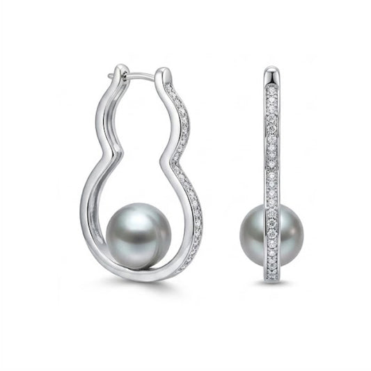 S925 Silver - Grey Akoya Madama Seawater Pearl Gourd Hoop Earrings