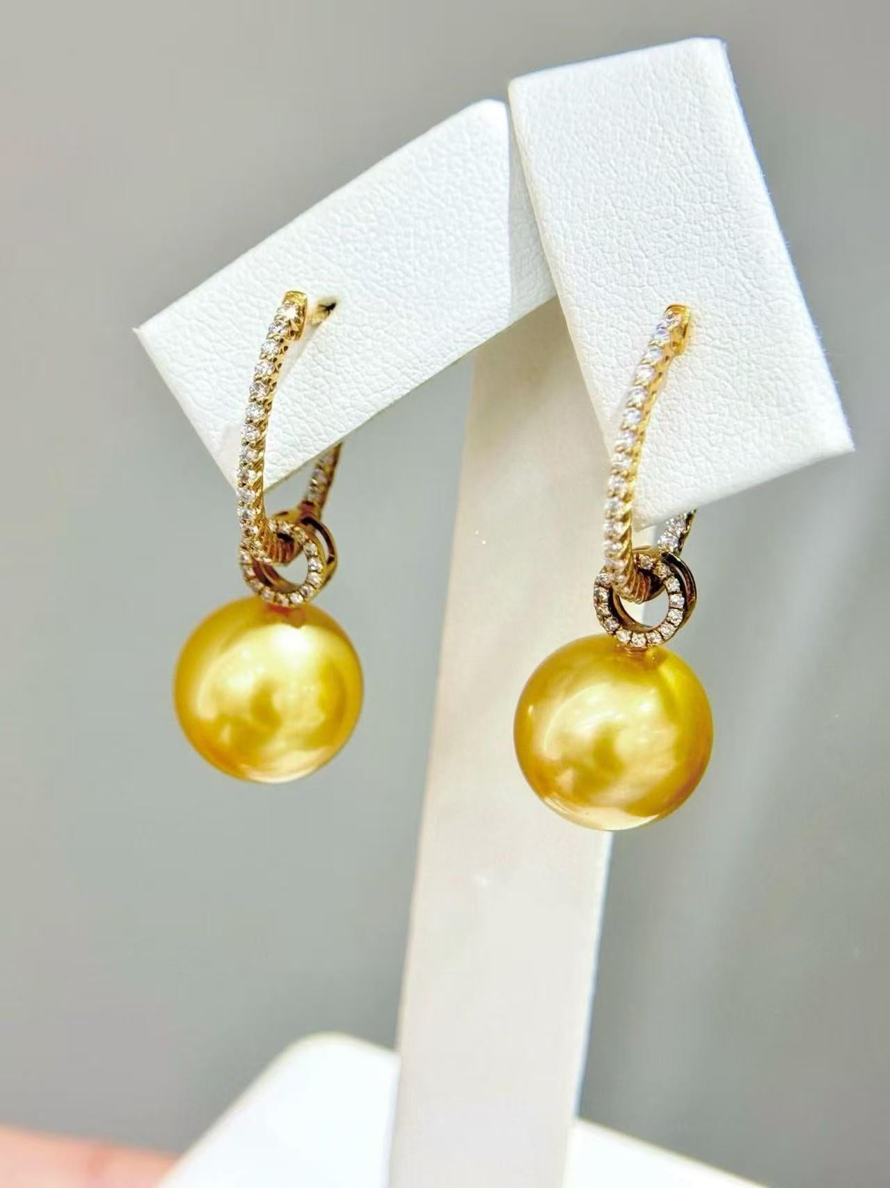 18K Gold & Natural Diamond - South Sea Golden Pearl Convertible Hoop Earrings | 13–14mm AAAA Grade