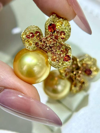 18K Gold & Natural Diamond - South Sea Golden Pearl Stud Earrings | 13–14mm AAAA Grade