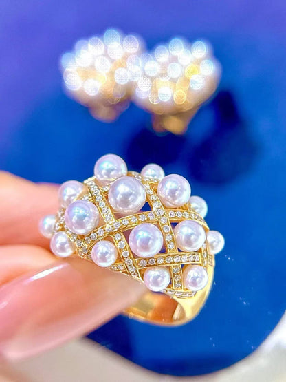 18K Gold & Natural Diamond - Akoya Pearl Ring | 3–4.5mm AAAA Grade