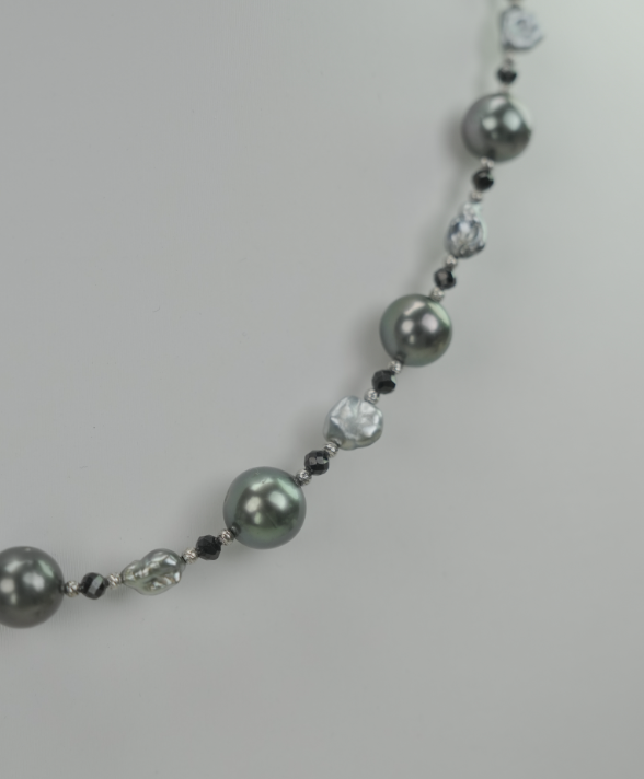 S925 Silver - Grey Tahitian Keshi Pearl Necklace | 3–4mm & 9–9.5mm AAA Grade | 43cm