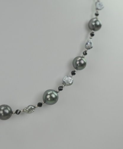 S925 Silver - Grey Tahitian Keshi Pearl Necklace | 3–4mm & 9–9.5mm AAA Grade | 43cm