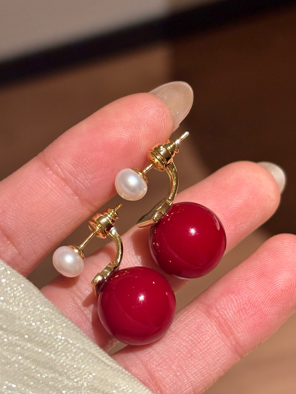Red Accent - White Freshwater Pearl Earrings | 5–6mm AAA Grade
