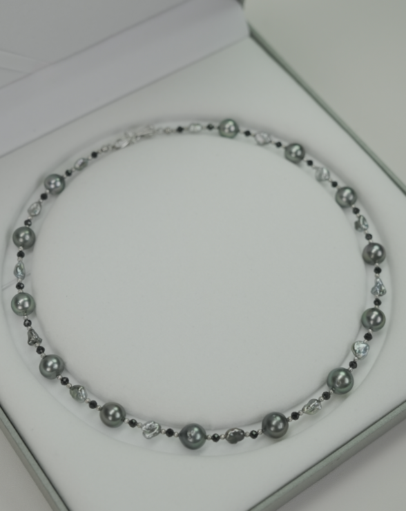S925 Silver - Grey Tahitian Keshi Pearl Necklace | 3–4mm & 9–9.5mm AAA Grade | 43cm