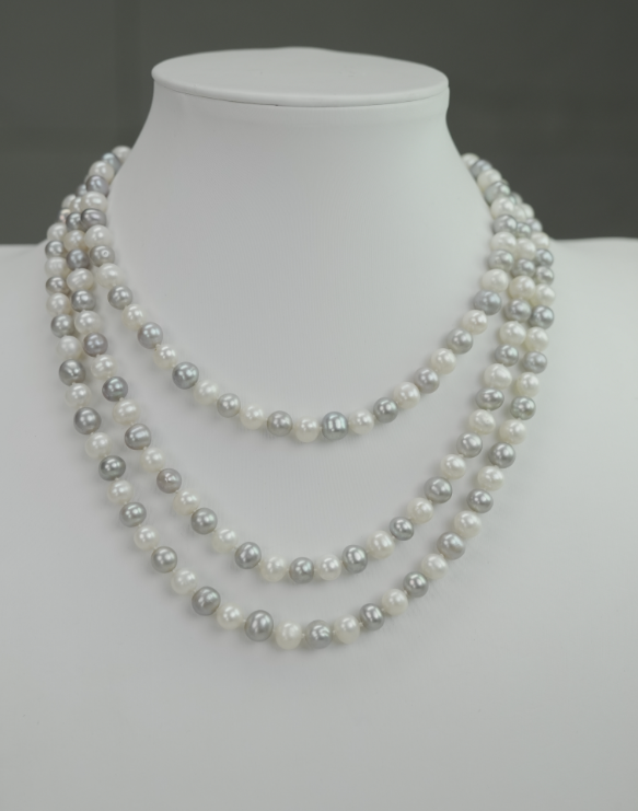 S925 Silver - White & Grey Freshwater Pearl Necklace | 6–7mm AAA Grade