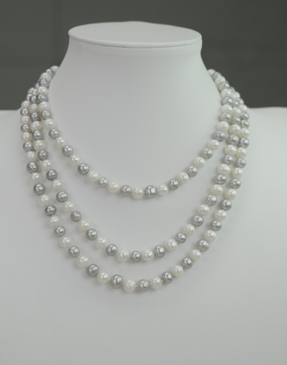 S925 Silver - White & Grey Freshwater Pearl Necklace | 6–7mm AAA Grade