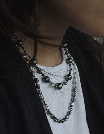 S925 Silver - Grey Tahitian Keshi Pearl Necklace | 3–4mm & 9–9.5mm AAA Grade | 43cm