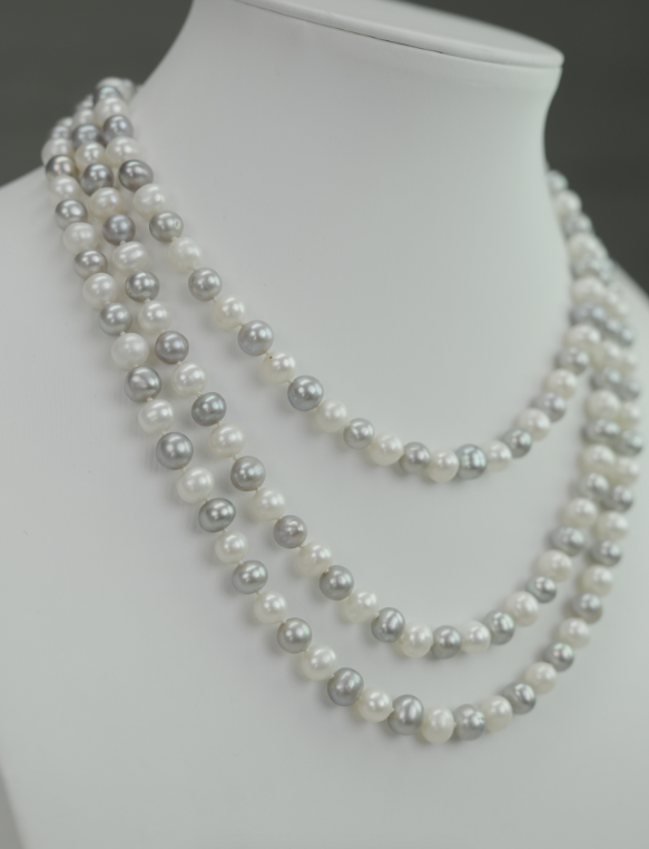 S925 Silver - White & Grey Freshwater Pearl Necklace | 6–7mm AAA Grade