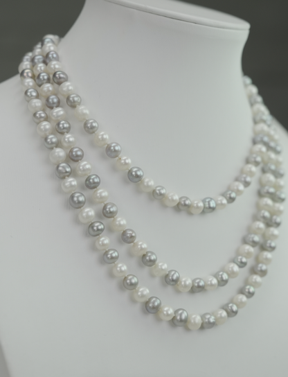 S925 Silver - White & Grey Freshwater Pearl Necklace | 6–7mm AAA Grade