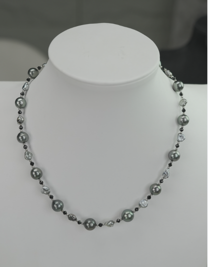 S925 Silver - Grey Tahitian Keshi Pearl Necklace | 3–4mm & 9–9.5mm AAA Grade | 43cm