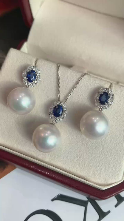 Platinum & Sapphire - White Edison Pearl Earring & Pendant Set | 11–12mm AAAA Grade